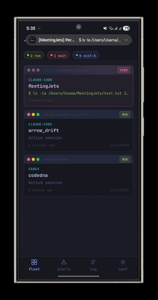 AgentVigil fleet dashboard showing live Claude Code and Codex sessions