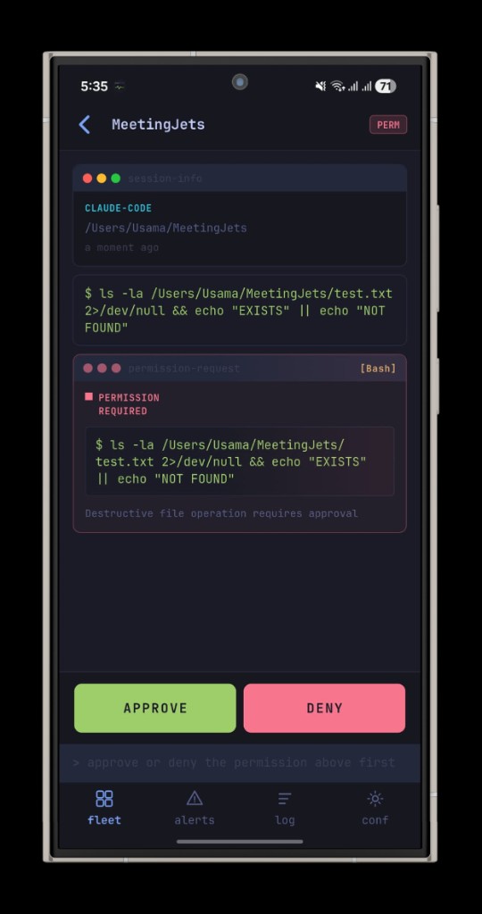 Session detail view with approve and deny buttons